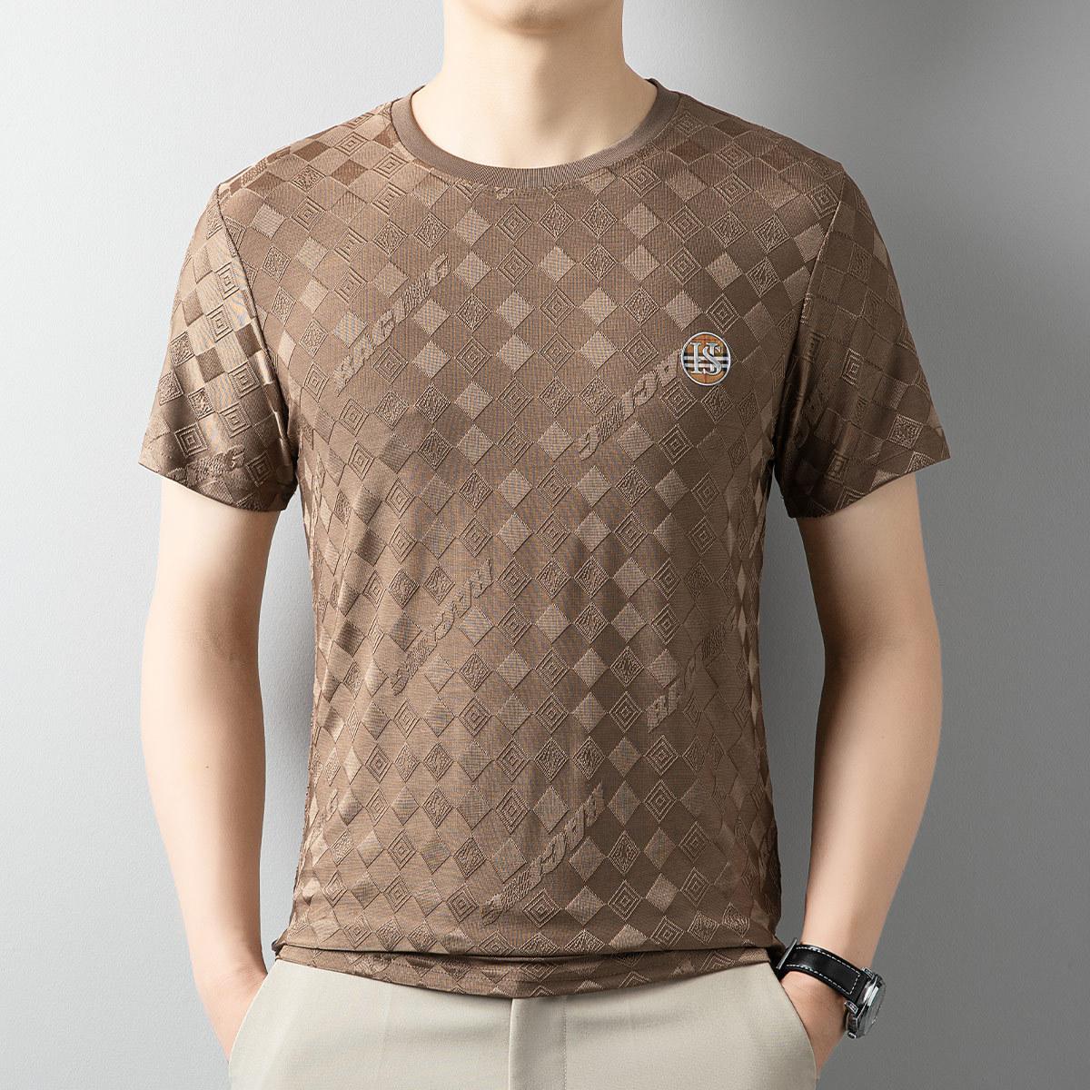 

Высококачественная футболка из ледяного шелка с короткими рукавами, мужская летняя дышащая жаккардовая футболка с круглым вырезом и половиной рукавов, модная повседневная тенденция 3XL