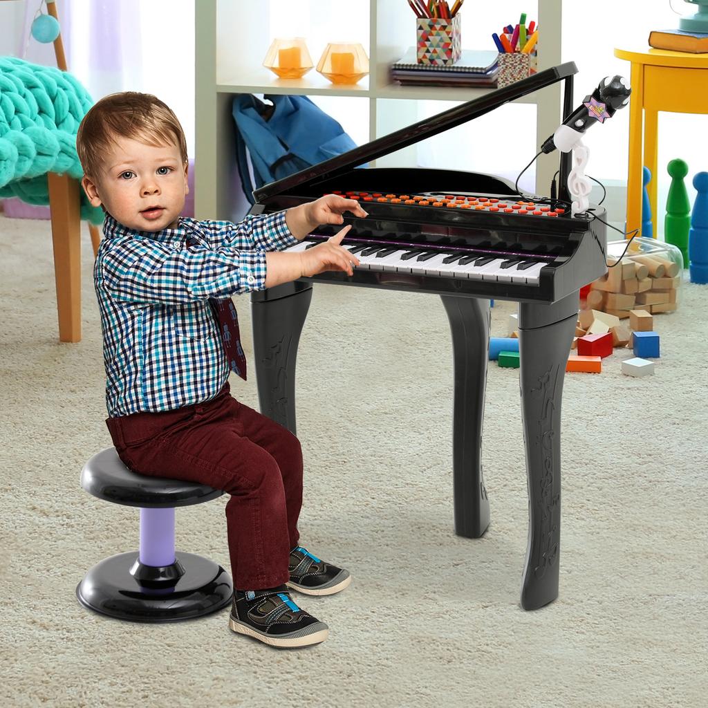 37 Keys Kids Mini Electronic Keyboard Children Grand Piano with Stool Microphone Light Musical Instrument Educational Game Toy Set (Black)