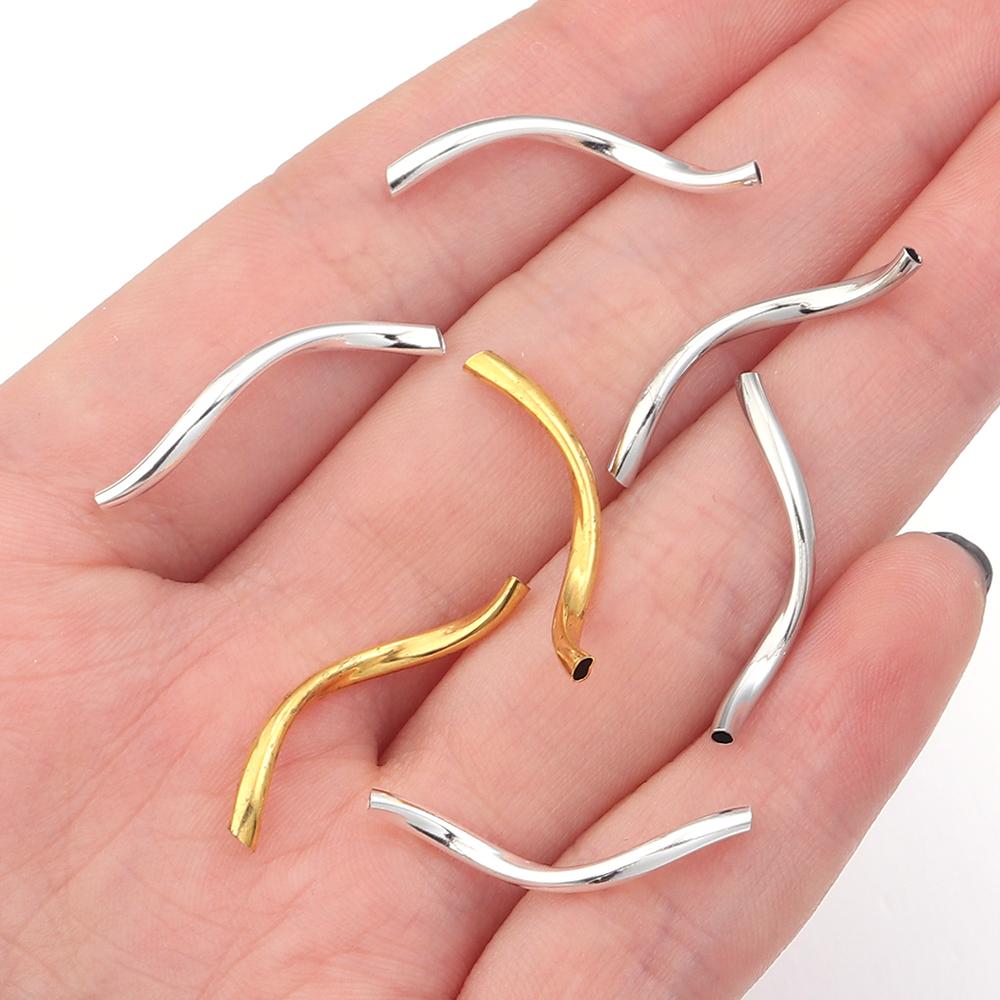 50pcs/lot 2x25mm Copper Curved Tube Metal Spacer Beads Crimp End Connectors For Jewelry Making DIY Bracelet Necklace Accessories