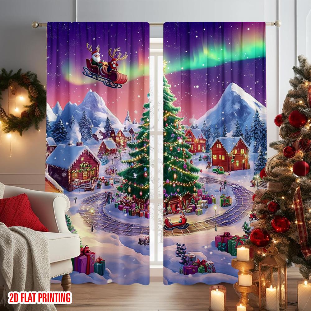2pcs 2D flat printing Christmas Window Curtains Santa Claus and the reindeer sleigh Machine Washable Fabric Without Electricity