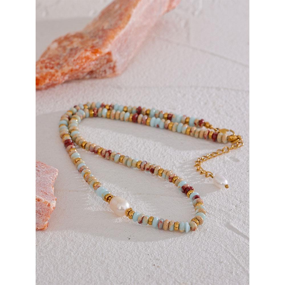 Yhpup Trendy Natural Stone Freshwater Pearl Collar Chain Necklace Stainless Steel Handmade Stylish Beads Jewelry Bijoux Gift