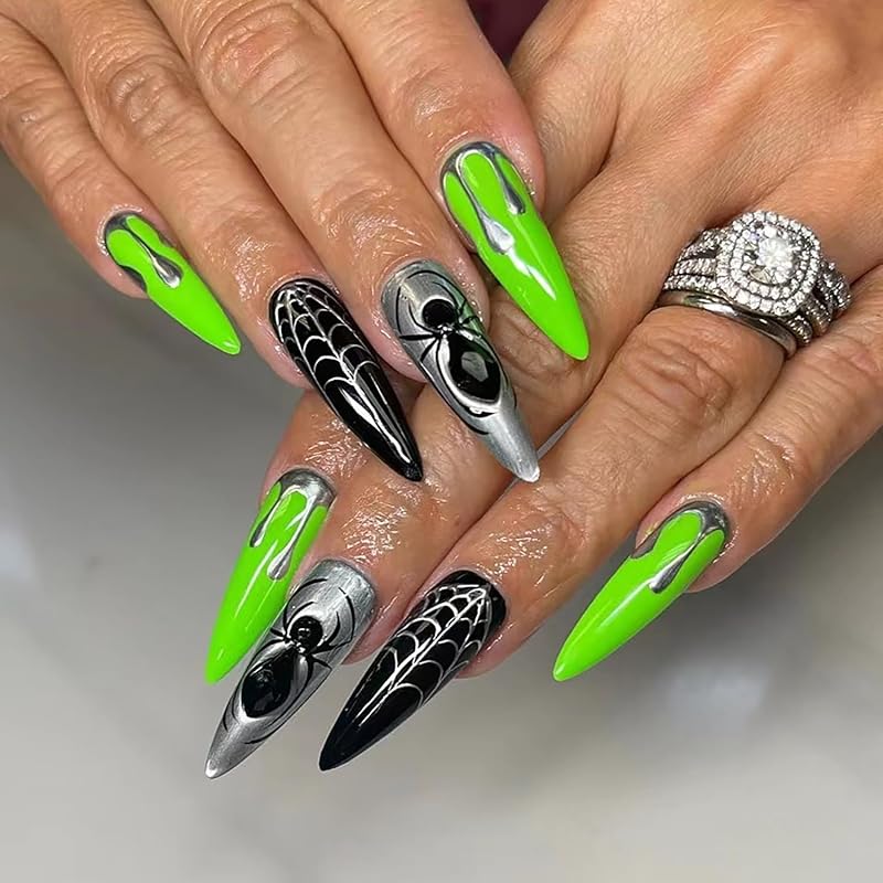 TBRZTR 24Pcs Halloween Press on Nails Medium Square Heart Spider Web Fake Nail Full Cover Glossy Black Gradient Halloween Nail Black Flame Pumpkin Spider Web and Spider
