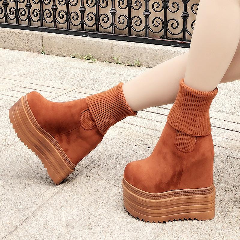 Wedges Ankle Boots White Black Rubber Sole Shoes Platform Boots Women Lacing Autumn Platform Heels Shoes Heel 14 cm  boots women