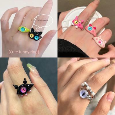 "Lustiger Schwarze Katze Cartoon Ring - Große Augen, Süßes Geschenk für Freundinnen & Paare"
