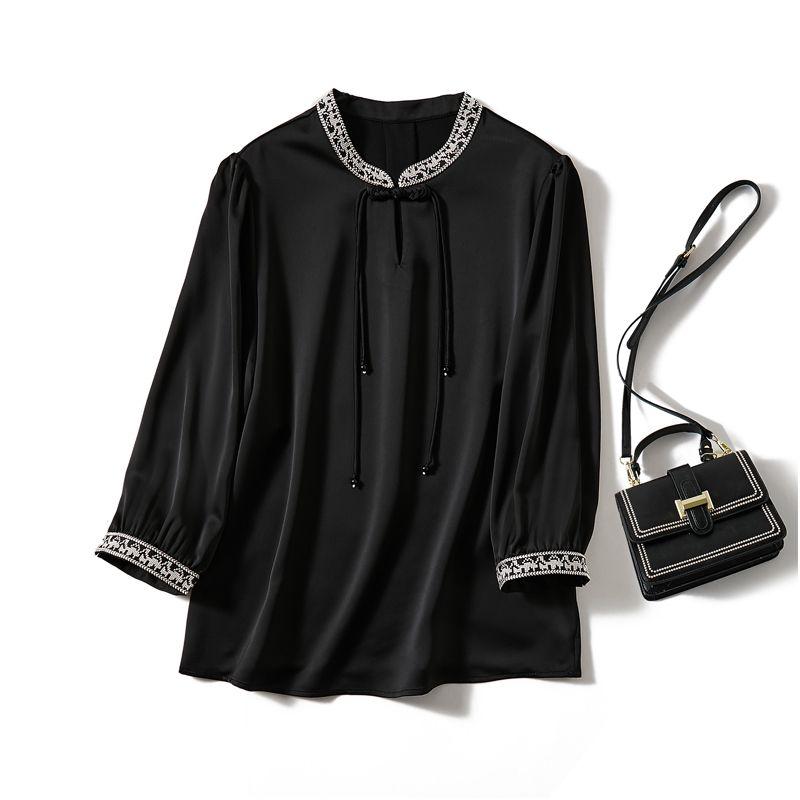 

Artsy Elite Women s Small Stand Collar Embroidery Shirt! N Goods ~ New Three-Quarter Sleeve Satin Acetate Tencel Anti-Wrinkle Bottoming Shirt Black 4XL