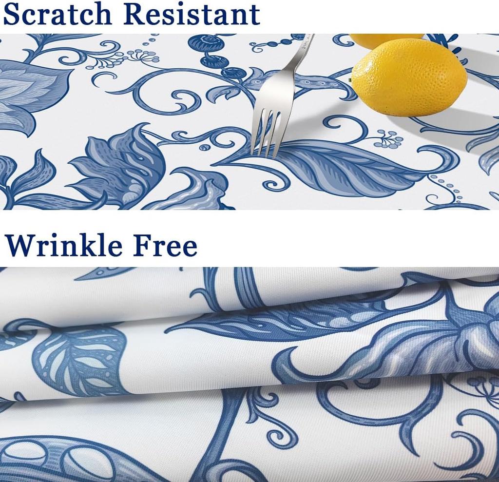 Rechteckige Tischdecke mit blau-weißem Blumenmuster, wiederverwendbar und wasserfest, für Küche, Esszimmer und Feiertage
