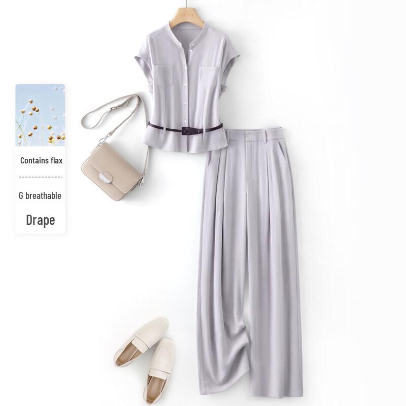 IHIMI Women s Linen Blend Waist-Cinching Shirt & Pant Set XL