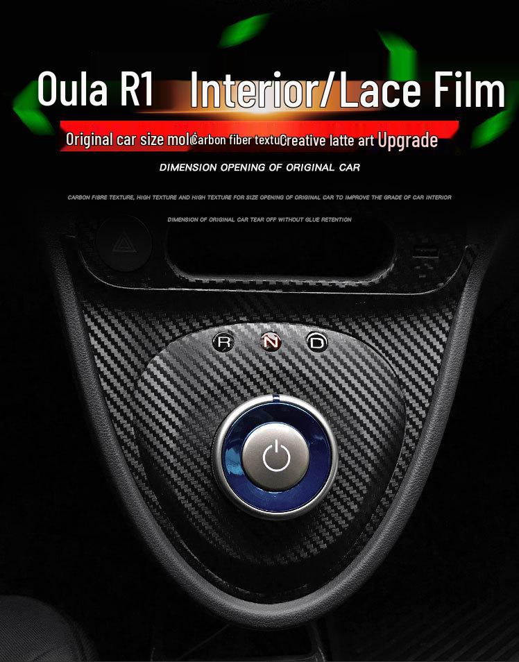 Carbon Fiber Interior Decor Stickers for Black Cat Ora R1: Central Control, Gear Position, and Door Panels