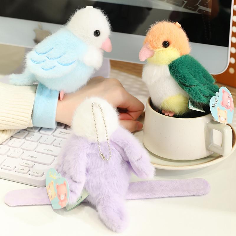1/4 Inch Green Parrot Slap Band Plush Toy Kawaii Stuffed Bird Keychain Soft Plushie Gift for Kids