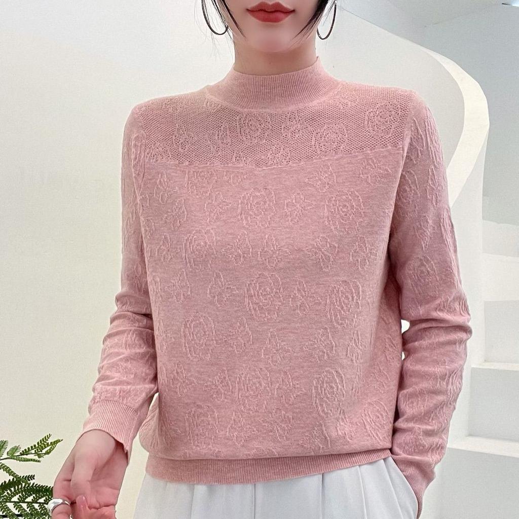 Autumn Winter Women's Lace Half-Turtleneck Sweater Loose Carved Knit Pullover Sweater Solid Color Knit Top
