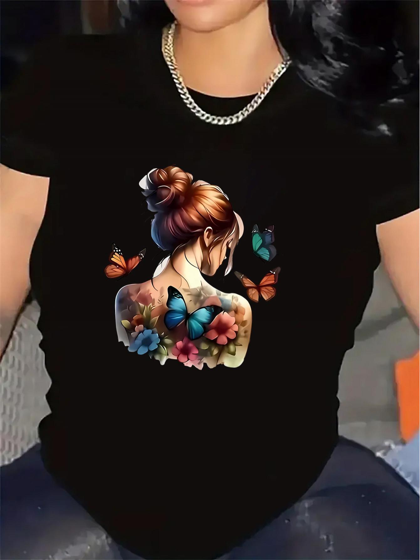 

European Size Women S White & Black Butterfly Floral Print Short Sleeve T-Shirt - Lightweight Crew Neck Blouse with Back Design 4XL чорний