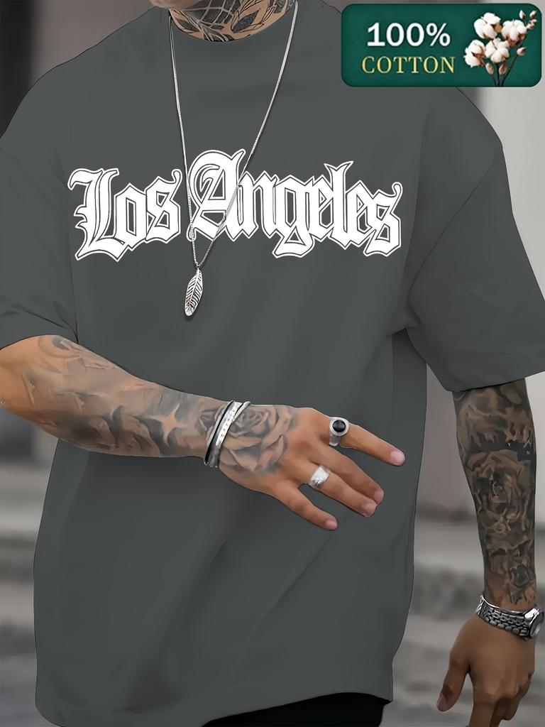 Summer 100 Pure Cotton Unisexs Casual Fashion Los Angeles Letter Pattern Print Loose Sports Round Neck Short Sleeved Tshirt Top