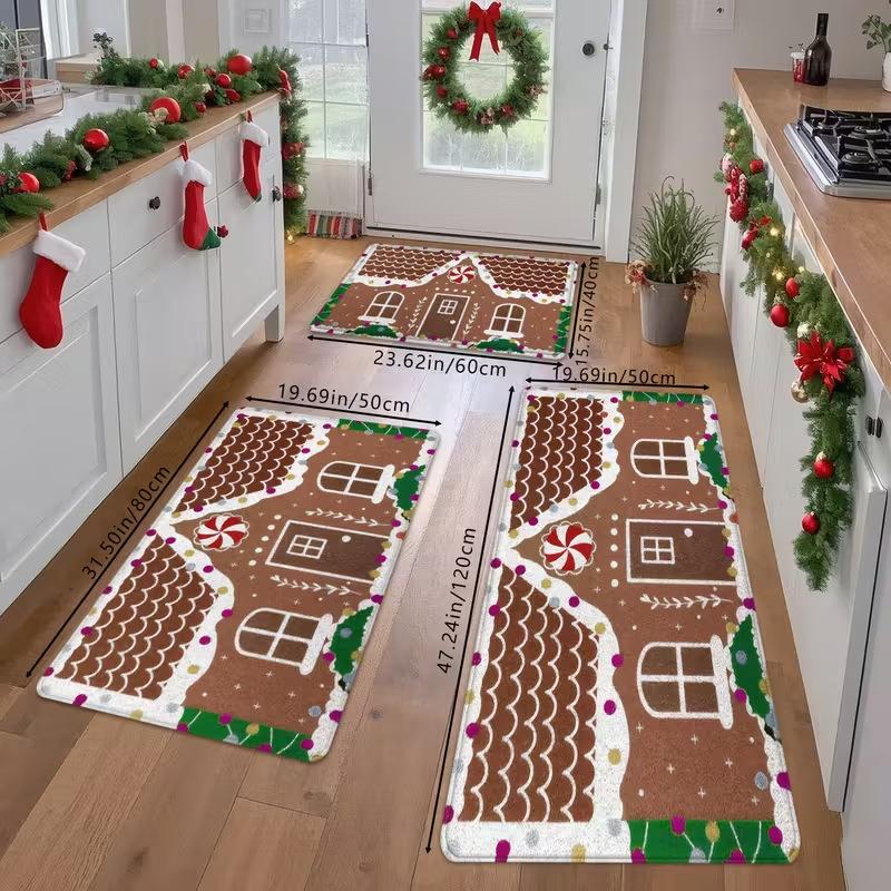 Vintage Puffy Christmas Tree Pattern Mat Non-slip Oil-proof Waterproof Floor Mat Dirt-resistant  Floor Mat for Kitchen Bathroom