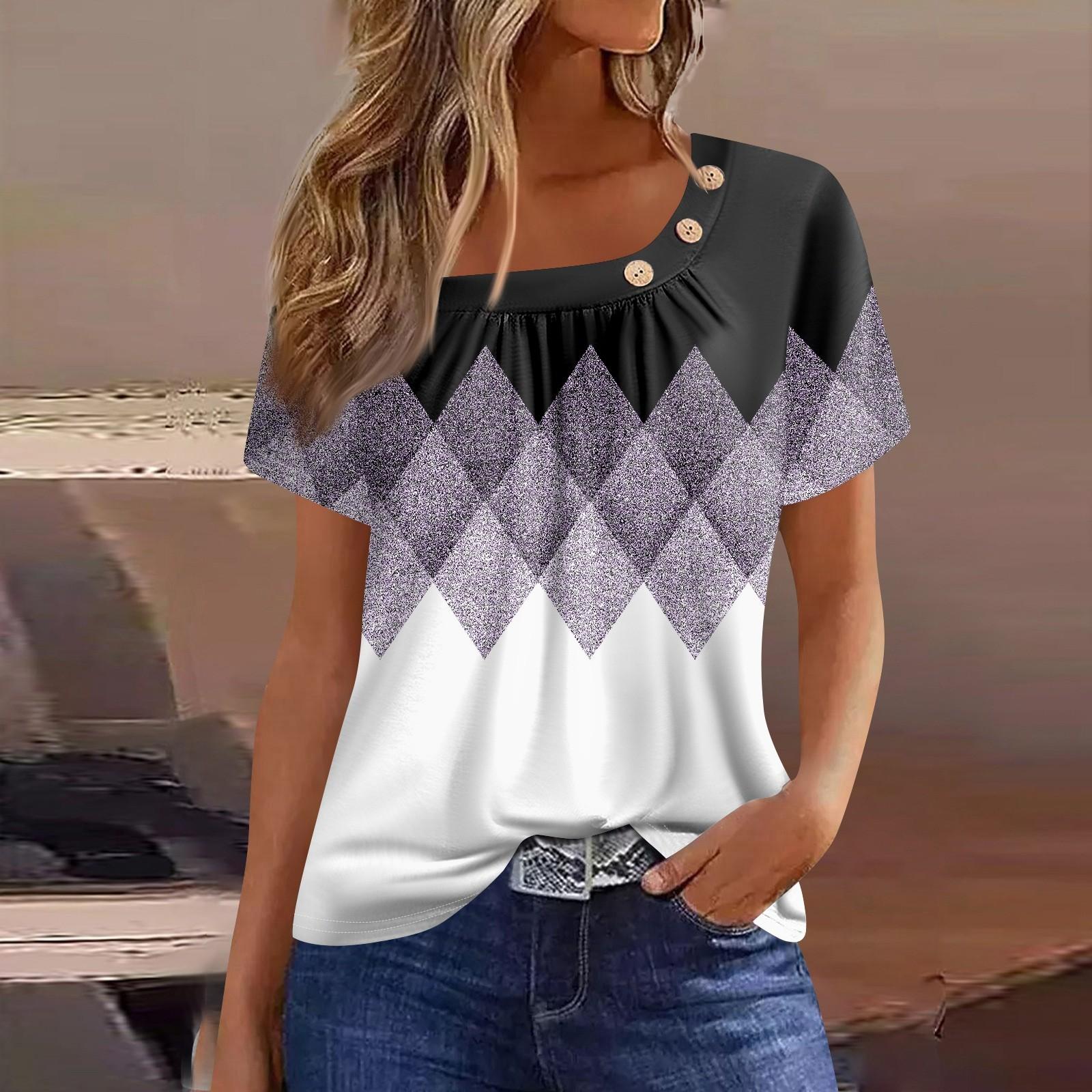 

Летние топы для женщин. Удобные женские топы с круглым вырезом и короткими рукавами. Футболки с принтом для женщин. XL фиолетовый