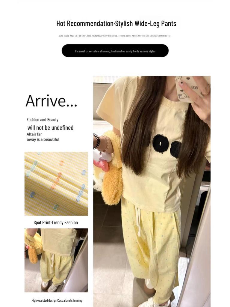 Women’s Summer High-Waist Dopamine Yellow Polka Dot Wide-Leg Pants | 145cm | Ice Silk | Petite Draping Style