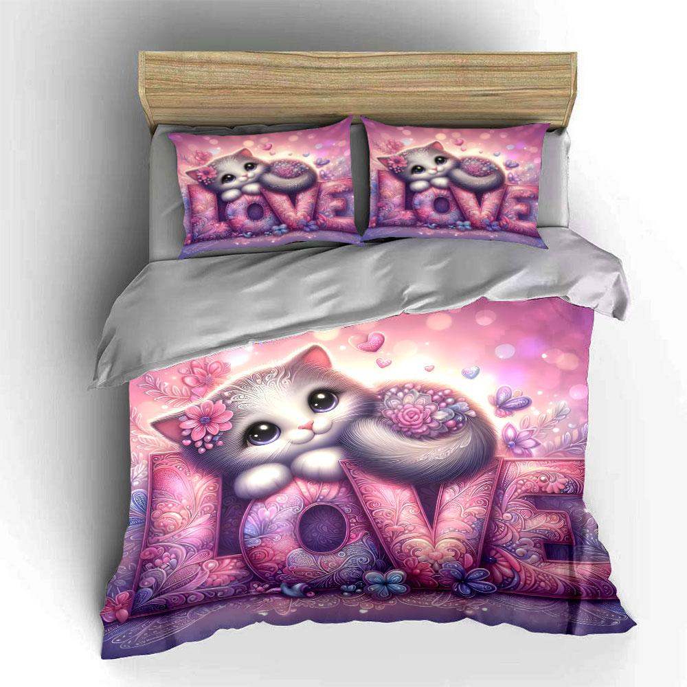 A Cute Cat Is Lying On The Word Love. Duvet Cover Set With 3D Printing Design Soft Polyester Bedding Set All-Season Comfort