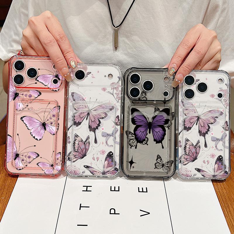 Purple Butterfly Pattern Clear Phone Case For iPhone 17 16 15 14 13 Pro Max 17 Pro Air 17e 16e 11 Shockproof Soft Card Bag Cover