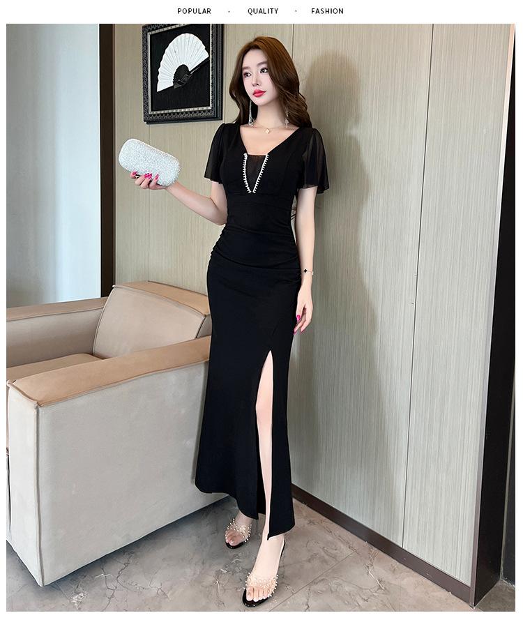 Nightclub sexy dress women's foot bath overalls show deep V-neck low-cut split hip-wrapped long dress
