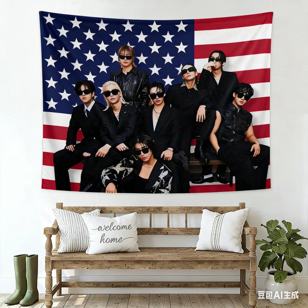 1pc SKZ American Flag Tapestry Banner Member Portraits Horizontal Tour Merch Concert Poster Flag for STAYS Birthday Gift Fan