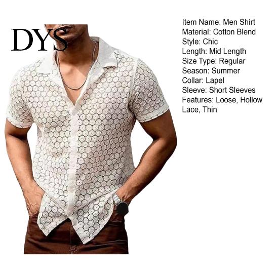 Loose Men Shirt Summer Hollow See-through Lace Flower Pattern Turn-down Collar Design Short Sleeves Single-breasted Mid Length Cardigan Vacation Beach
