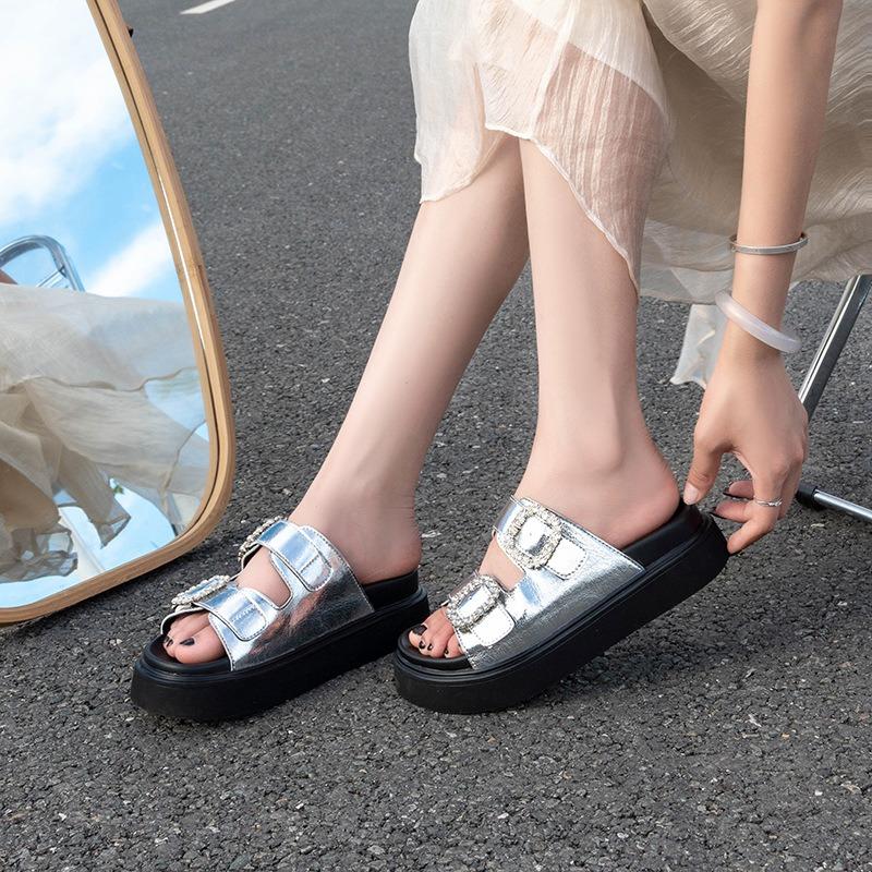 Thick-soled One-word with Rhinestone Square Buckle Outside Slippers Women's Summer New Fashion Casual Muffin Bottom Beach Sandals Women
