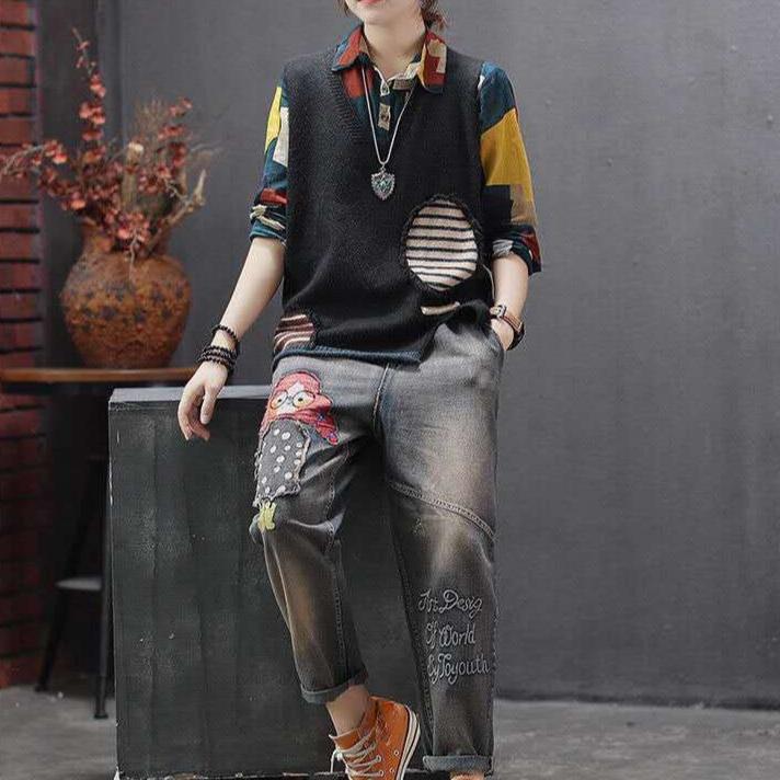 Autumn Winter Women's Loose Knitted Vest Sleeveless Vest Literary Color-block V-neck Pullover Knit Waistcoat