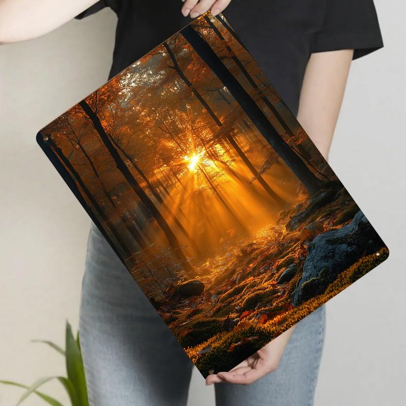 

Autumn Forest Sunlight Through Trees Natural Scenery Custom Metal Iron Painting Home Living Room Decorative Wall Art 20x30cm（7.8x11.8inch）