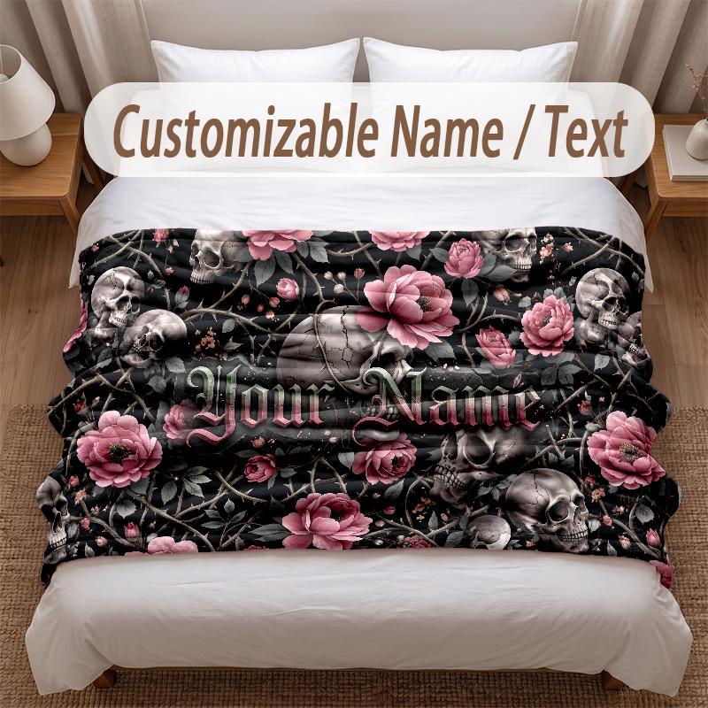 Skull Gothic Theme Soft Blanket Personalized Custom Name Text Print Warm Blanket Home Sofa Bedroom Decor