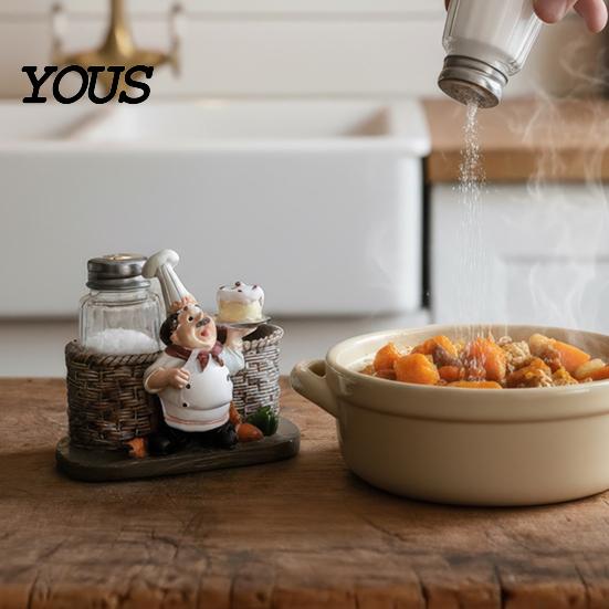 Cartoon Chef Kitchen Decor Salt And Pepper Shakers Set, Decorative Resin Statue Spice Even Seasoning Spreader Organizer, Glass Holder for Dining