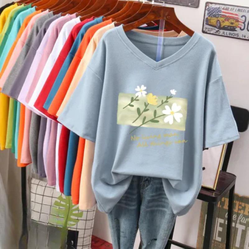 Short-sleeved T-shirt for Women, Large Size, Loose and Slimming, Printed V-neck Top
