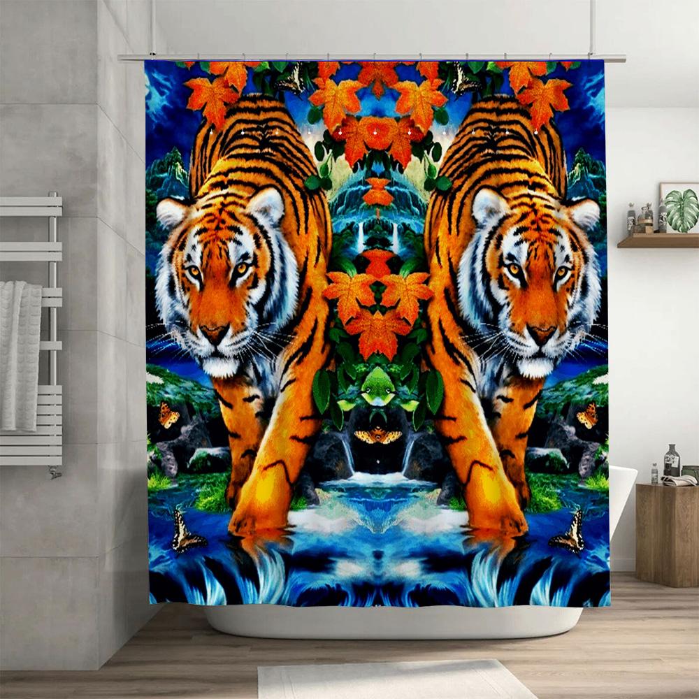 Tiger Print Shower Curtain Waterproof Home Decor Bathroom Rug Mat Modern Orange Floral Design for Kids Bedroom Decoration (Size: