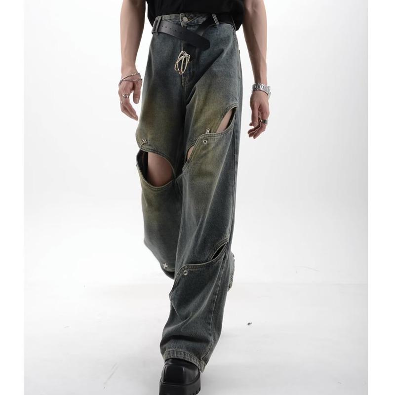 JYL Mens Jeans Spring Autumn High Street Vintage Wide Leg High-rise Denim