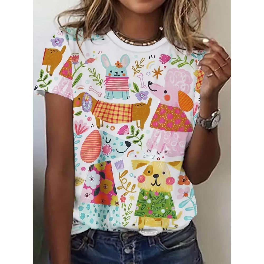 New Women's Kawaii Animal Pattern Printed T-shirt Casual Short-sleeved Round Neck T-shirt Cat Goat Anime Tops Clothing
