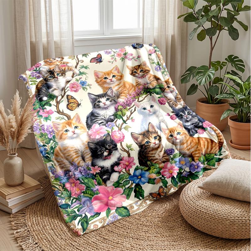 Kittens and Blue Flowers Theme blanket Lightweight Warm Flannel Blanket Decorative Throw Blanket for Home Decoration