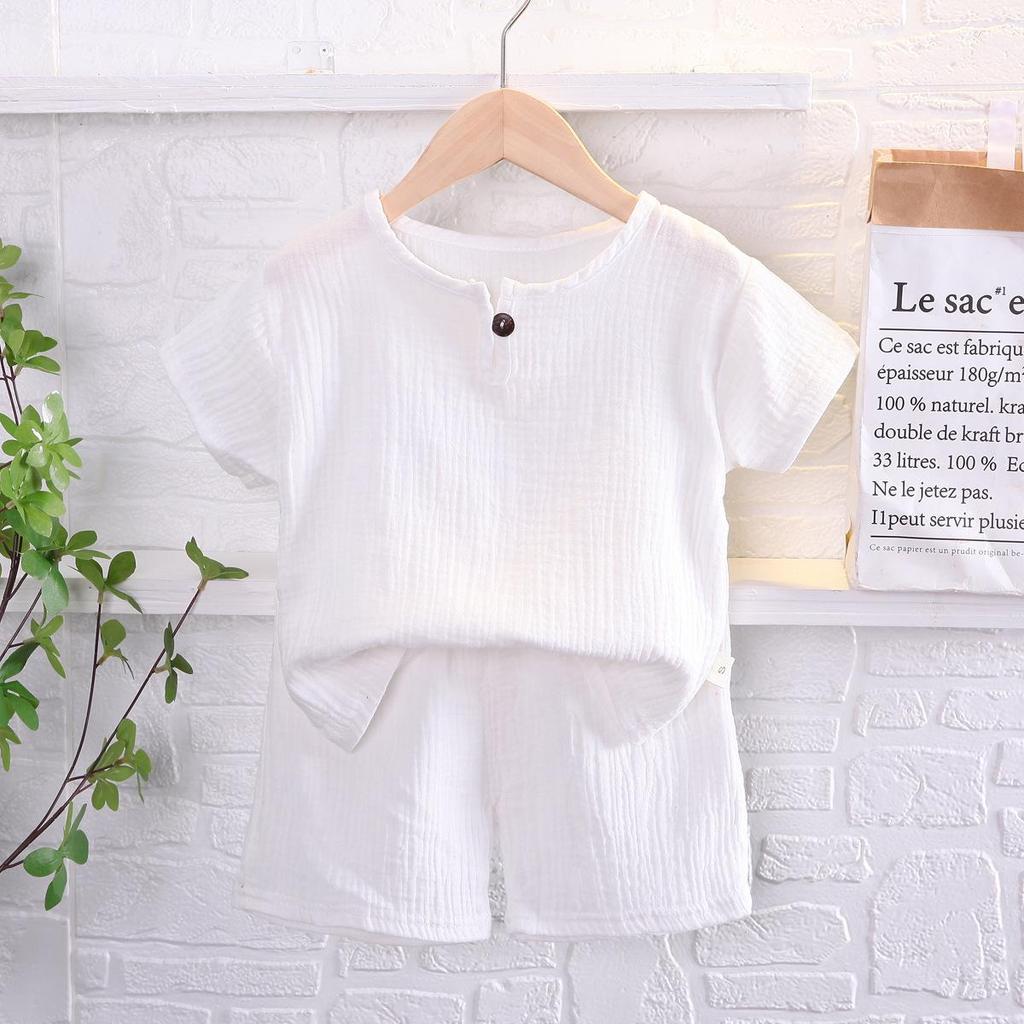 Boys' Cotton Linen Short Sleeve Set, Ages 0-5 - Summer Korean Style Casual Wear, Breathable for Southeast Asia