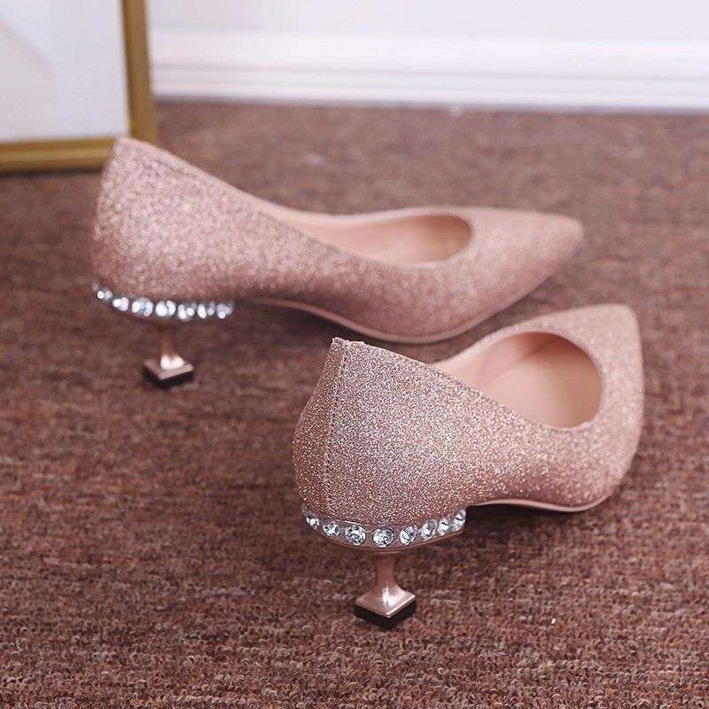 Wedding Shoes Women 2025 New Bridal Shoes Sequined Versatile Dress High Heels Stiletto Low Heels Wedding Shoes Crystal Shoes