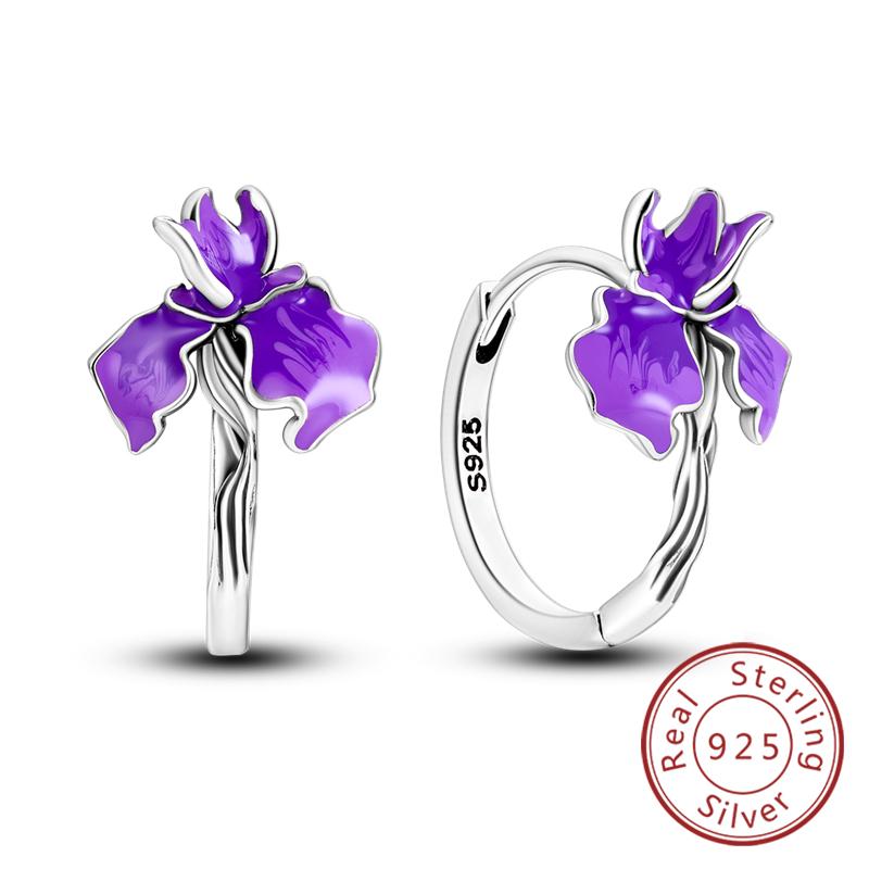 New Original 925 Silver Hoop Earrings Purple Zircon Flowers Butterflies Studs Earring For Women Wedding Engagement Gift