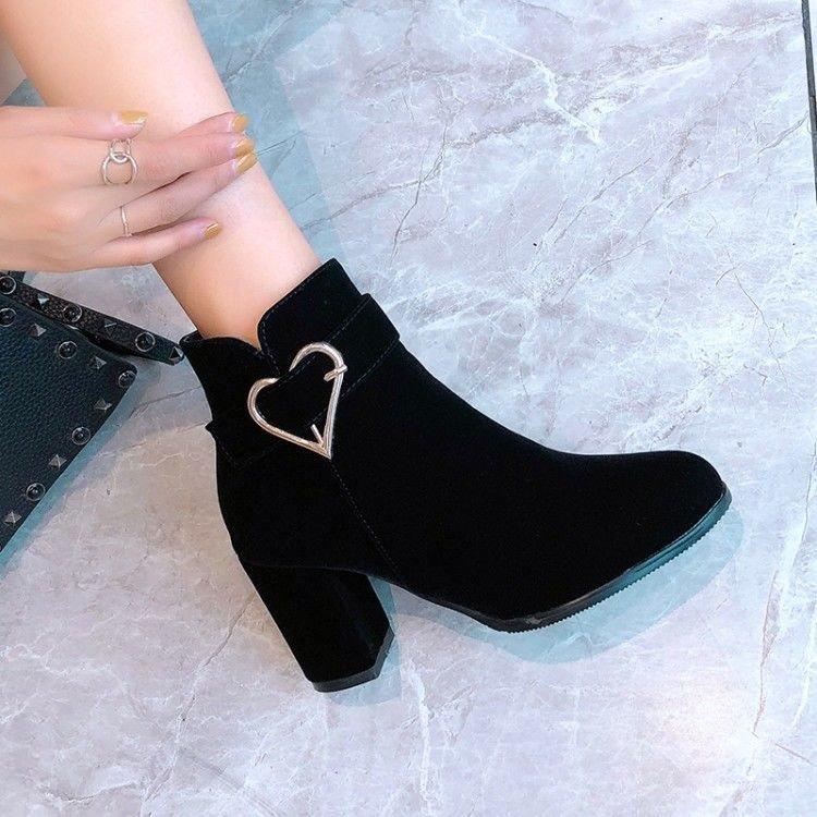 Short Boots Suede Velvet Single Boots Round Head Large Size Autumn and Winter New Red Wedding Shoes Thick Heel High Heels Fashion Women