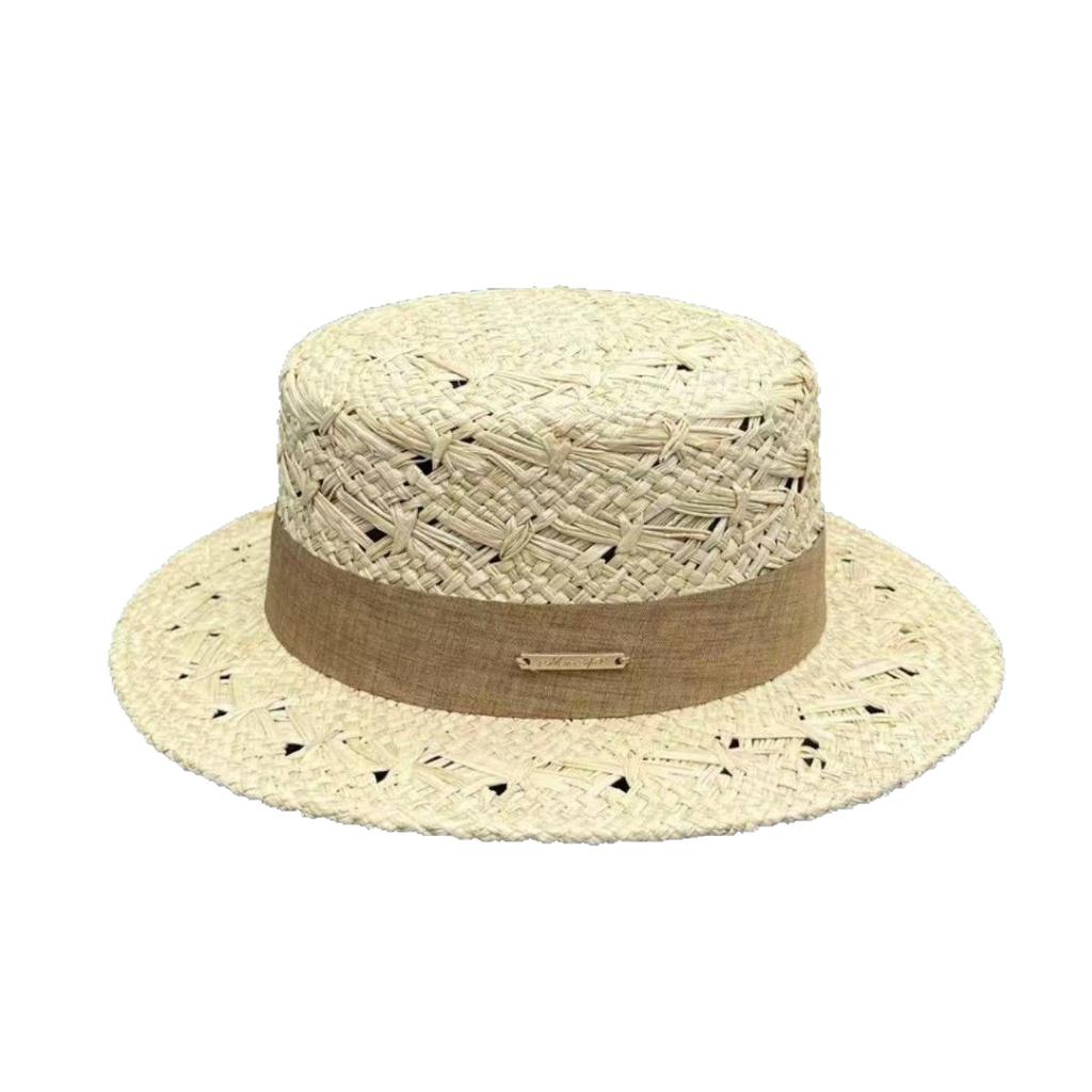Light luxury raffia flat top small brim hat children's summer sun protection straw hat simple flat top hat sun hat