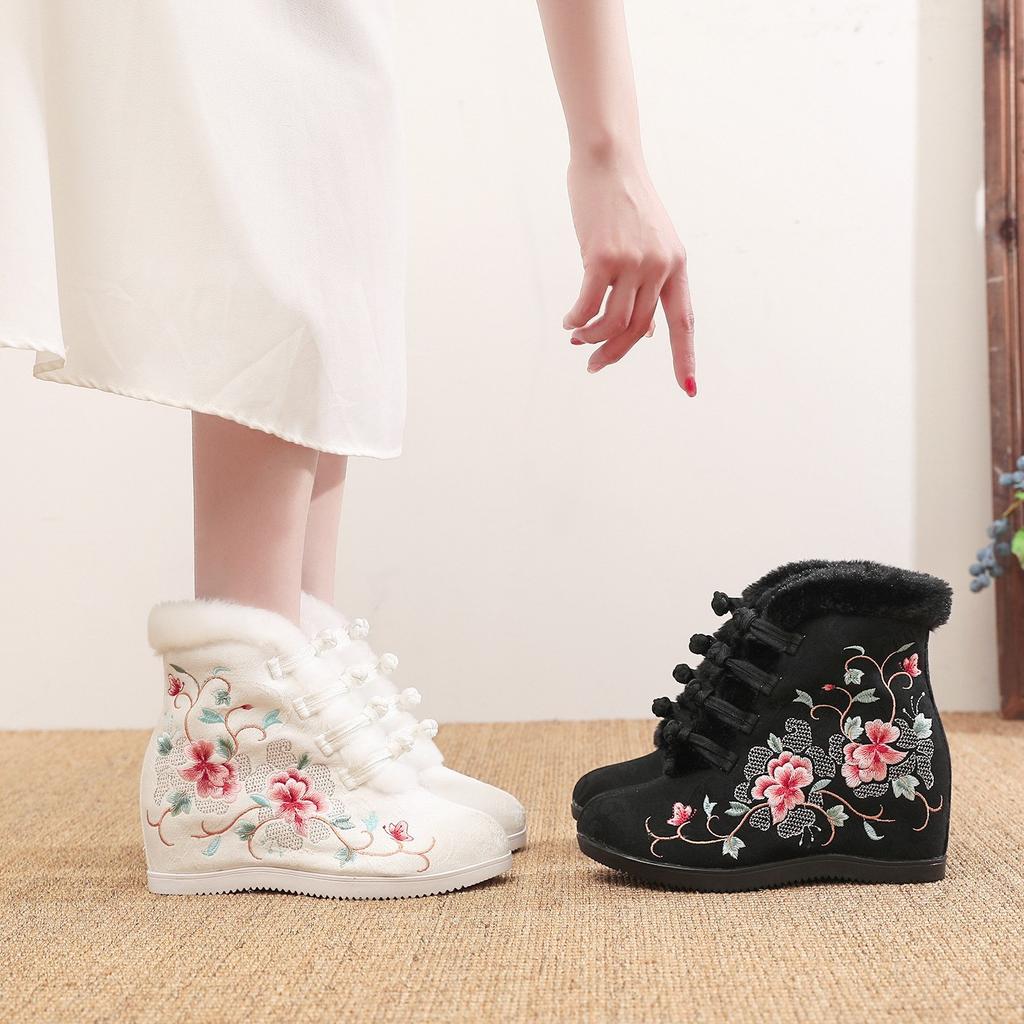 Wood Brocade, Cotton Boots, Winter Padded and Velvet High-heeled Cotton Boots, Antique Disc Buckle Gold Silk Embroidered Wool Cotton Shoes