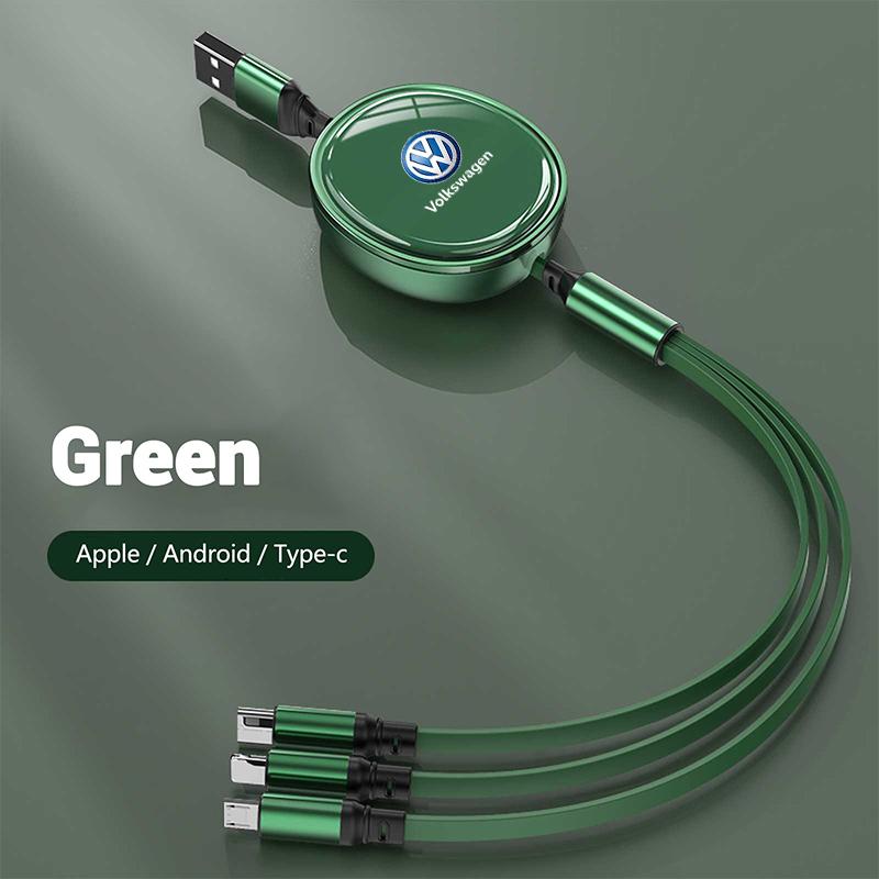 For VW 3In1 Retractable 100W Fast Charge Cable For iPhone USB Type C/Micro For Volkswagen VW R-line GTI R Polo Golf Passat Tig