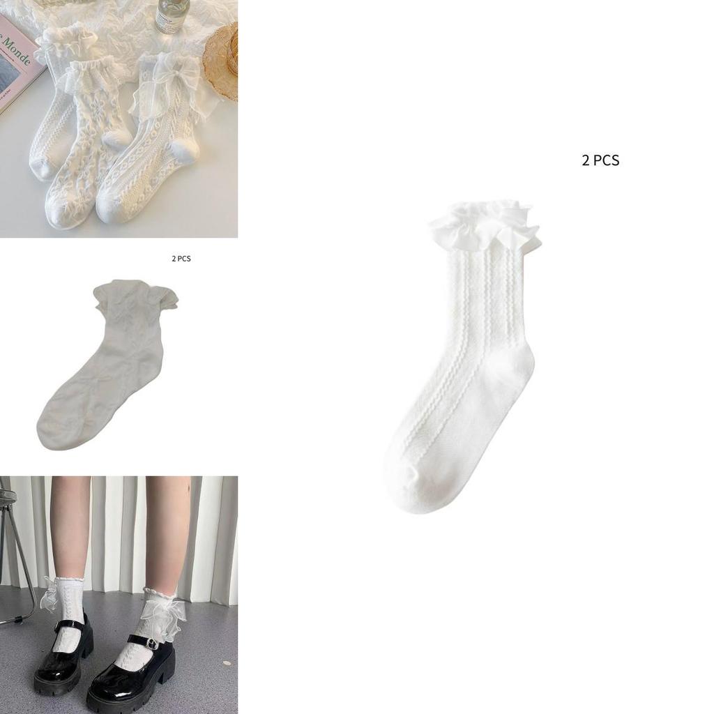 Lovely Lolita Lace Butterfly Knot Cotton Socks White Mid-length Sweet Style