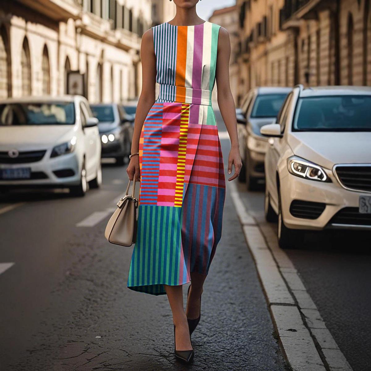 

Women s Sleeveless Belted Dress with Asymmetrical Hem, Casual Chic Office Wear XS