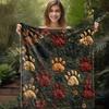 1pc Vintage Paw Print And Floral Quilted Flannel Blanket - Soft And Comfortable All Seasons Throw for Sofa Bed Car Office