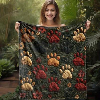 1pc Vintage Paw Print And Floral Quilted Flannel Blanket - Soft And Comfortable All Seasons Throw for Sofa Bed Car Office