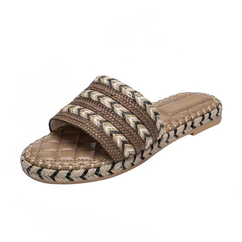 

Fashion striped hemp braided thick-bottomed cool slippers slides large size comfortable grass braided flat-bottomed slippers women 43 хакі