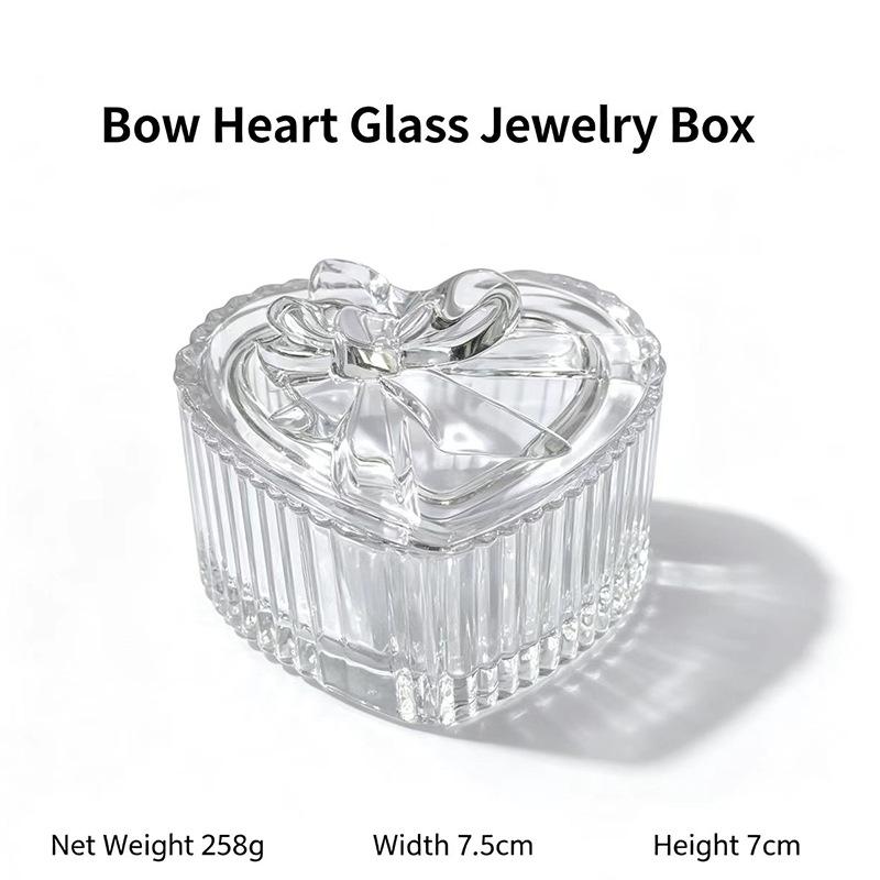 Clear Glass Heart Shaped Jewelry Storage Box Bow Knot Lid Ribbed Texture For Vanity Table Storing Earrings Rings
