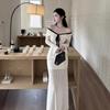 French Long-sleeved One-word Shoulder Knitted Dress Children's Early Autumn New Temperament Slim-fitting Hip-wrapped Dress
