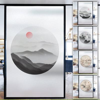 Retro Landscape Stained Glass Window Film Frosted Opaque Privacy Glass Film Chinese Ink Home Decor Cling Window Stickers