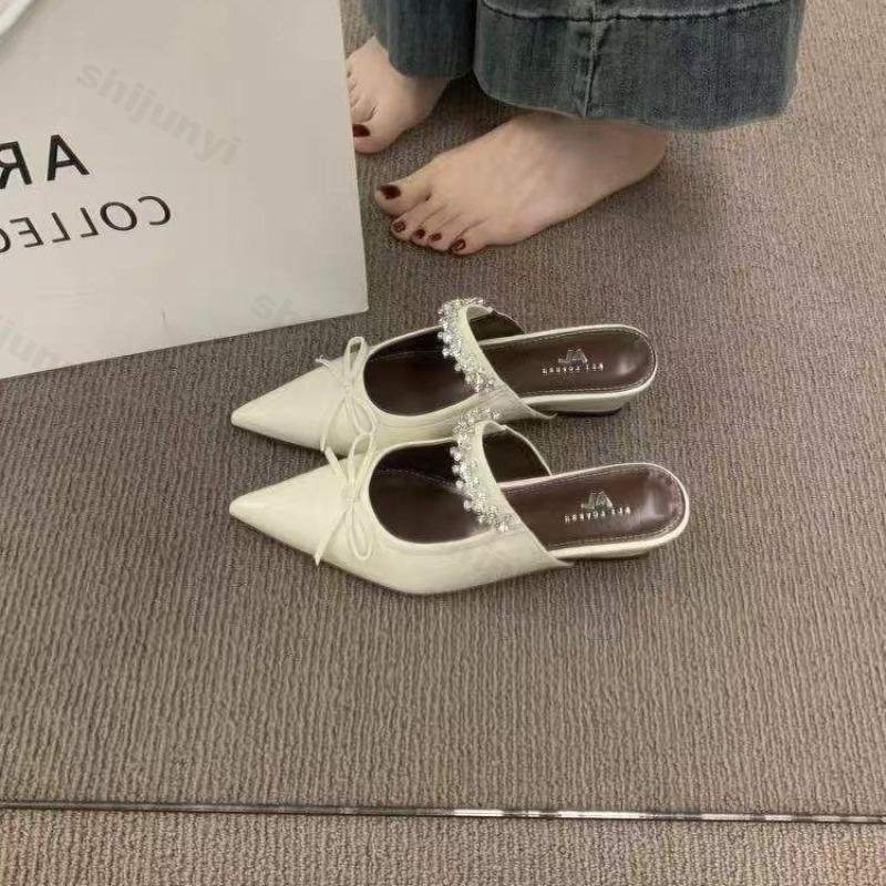 Fashion Women's High-heel Slippers Fashion Non Slip Silver Bowtie Mary Jane Female Pointed Toe Retro Gladiator Soft-soled 2025 Slippers